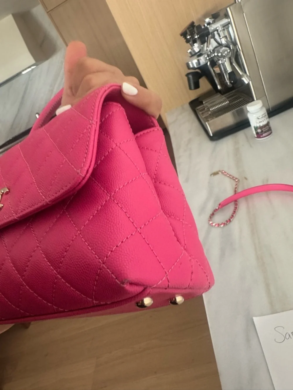 CHANEL Hot Pink Quilted caviar  Top-Handle Mini Bag with Chain Strap - Picture 13 of 16